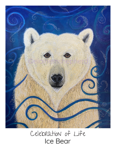 Painting of polar bear with wind swirls and snow in blue background.