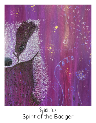 Painting of an English badger in a purple pink background.