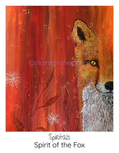 Painting of a red fox in a red background.