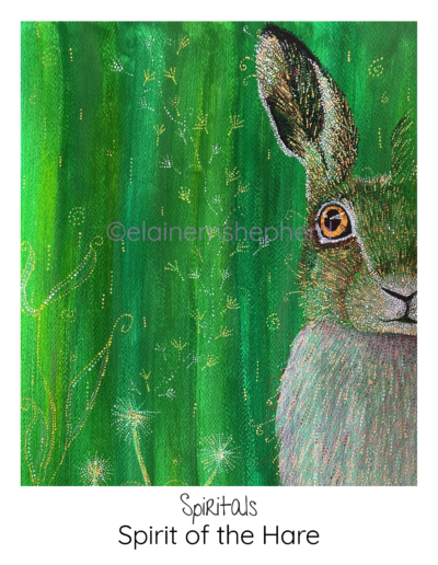 Painting of a brown hare in green background.