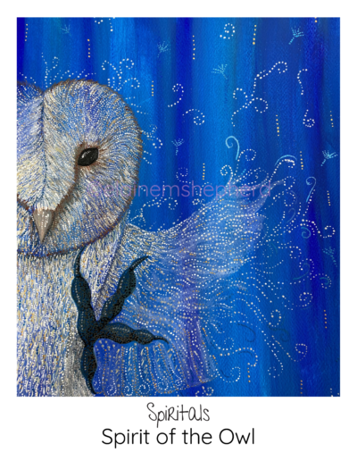 Painting of a barn owl with out stretched wing in blue background.