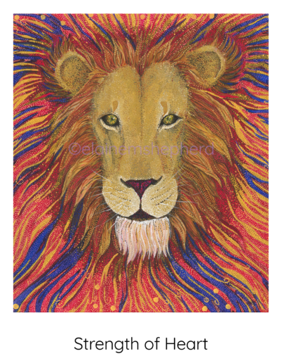 Painting of a male lion with mane surrounded by read and yellow flames.