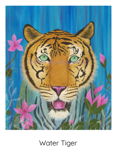 Painting of a tiger in a blue background.